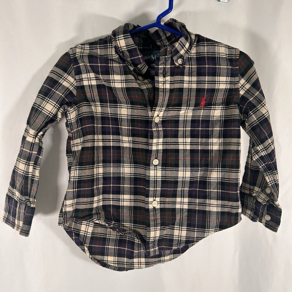 Ralph Lauren Shirt Infant 24M Blue Plaid Long Sleeve Button Up 100% Cotton